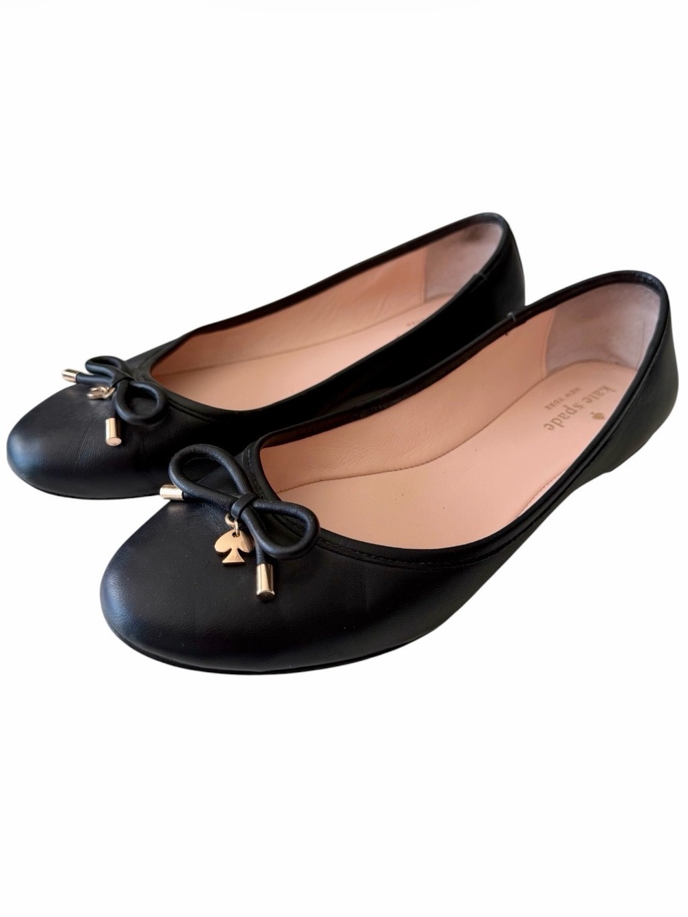 kate spade Willa Ballet Flats Black Leather Shoes Sz 8-1/2 Gold-tone Accents